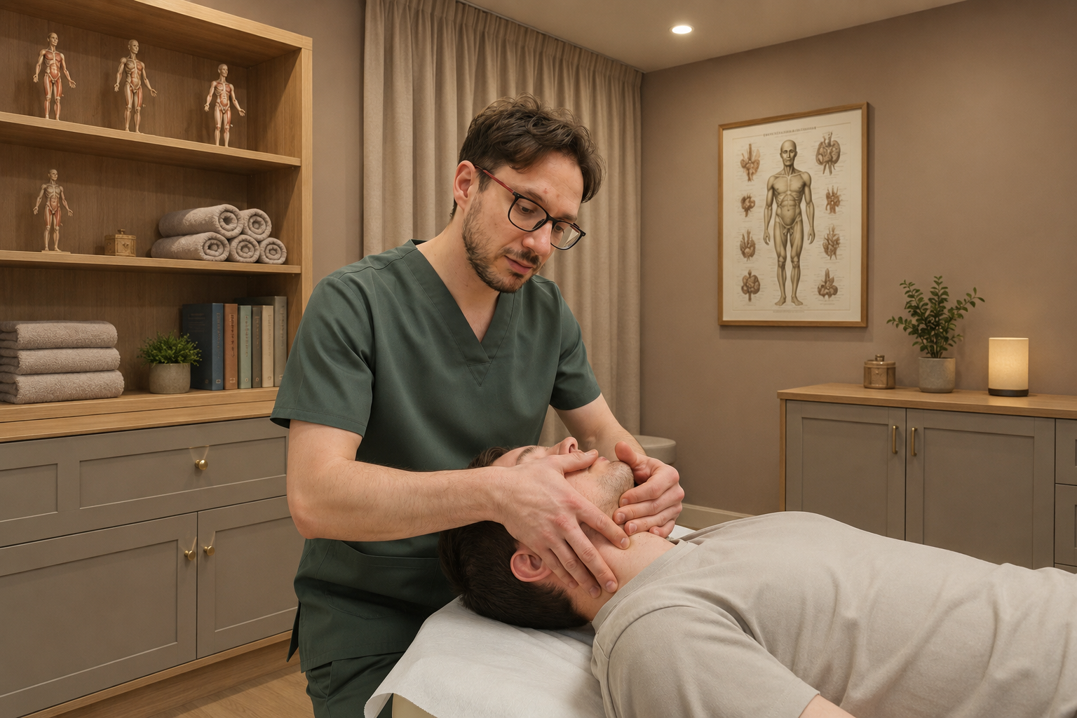 Studio di osteopatia con lettino in legno e luce naturale