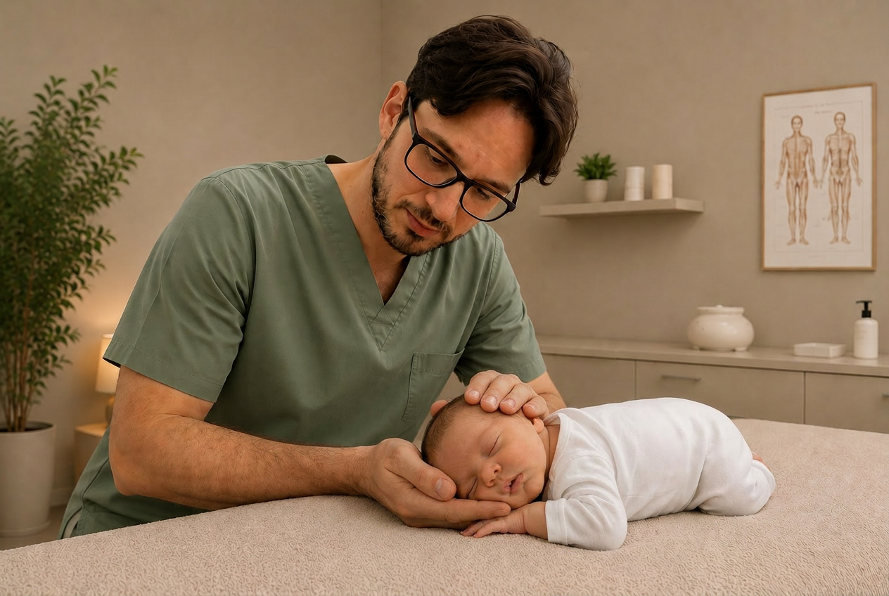 Osteopata che tratta dolcemente un neonato sorridente